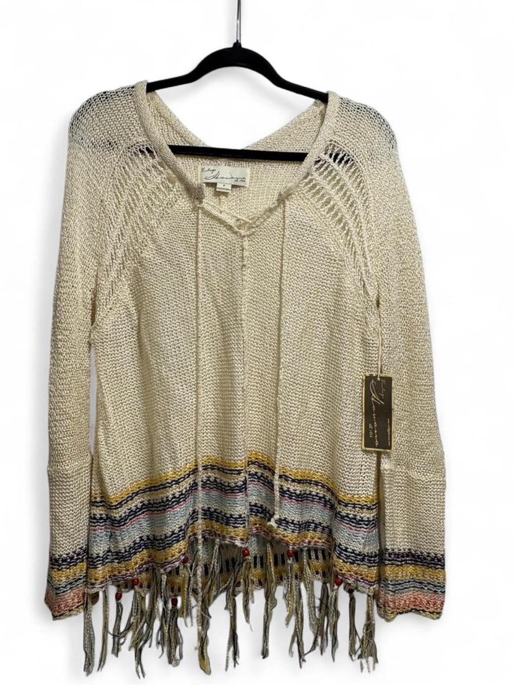 Vintage Havana Cream V-Neck Knit Sweater with Multicolor Fringe Trim
